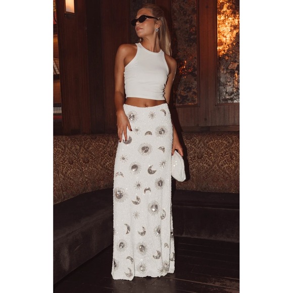 Show Me Your Mumu White Sequin Celestial Maxi Skirt Beaded Long Skirt Women